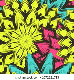Seamless floral background. Tracery handmade nature ethnic fabric backdrop pattern with flowers. Textile design texture. Decorative color art. Vector