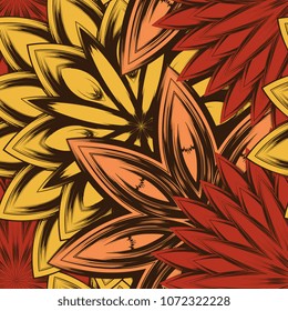 Seamless floral background. Tracery handmade nature ethnic fabric backdrop pattern with flowers. Textile design texture. Decorative color art. Vector