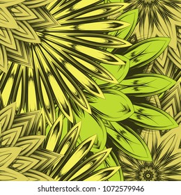 Seamless floral background. Tracery handmade nature ethnic fabric backdrop pattern with flowers. Textile design texture. Decorative color art. Vector