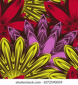 Seamless floral background. Tracery handmade nature ethnic fabric backdrop pattern with flowers. Textile design texture. Decorative color art. Vector