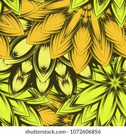 Seamless floral background. Tracery handmade nature ethnic fabric backdrop pattern with flowers. Textile design texture. Decorative color art. Vector