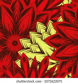 Seamless floral background. Tracery handmade nature ethnic fabric backdrop pattern with flowers. Textile design texture. Decorative color art. Vector