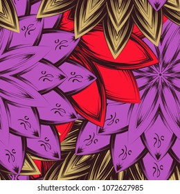Seamless floral background. Tracery handmade nature ethnic fabric backdrop pattern with flowers. Textile design texture. Decorative color art. Vector