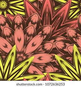 Seamless floral background. Tracery handmade nature ethnic fabric backdrop pattern with flowers. Textile design texture. Decorative color art. Vector