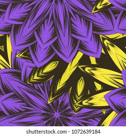 Seamless floral background. Tracery handmade nature ethnic fabric backdrop pattern with flowers. Textile design texture. Decorative color art. Vector