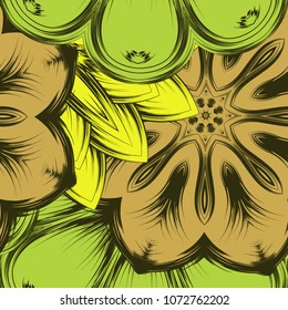 Seamless floral background. Tracery handmade nature ethnic fabric backdrop pattern with flowers. Textile design texture. Decorative color art. Vector