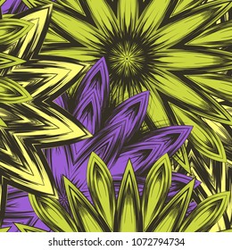 Seamless floral background. Tracery handmade nature ethnic fabric backdrop pattern with flowers. Textile design texture. Decorative color art. Vector