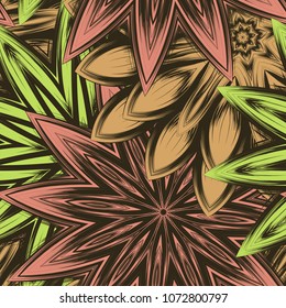Seamless floral background. Tracery handmade nature ethnic fabric backdrop pattern with flowers. Textile design texture. Decorative color art. Vector