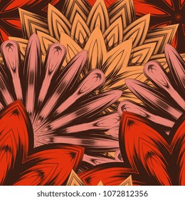 Seamless floral background. Tracery handmade nature ethnic fabric backdrop pattern with flowers. Textile design texture. Decorative color art. Vector