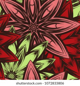 Seamless floral background. Tracery handmade nature ethnic fabric backdrop pattern with flowers. Textile design texture. Decorative color art. Vector