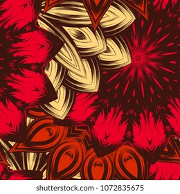 Seamless floral background. Tracery handmade nature ethnic fabric backdrop pattern with flowers. Textile design texture. Decorative color art. Vector