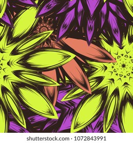 Seamless floral background. Tracery handmade nature ethnic fabric backdrop pattern with flowers. Textile design texture. Decorative color art. Vector