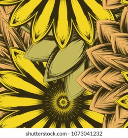 Seamless floral background. Tracery handmade nature ethnic fabric backdrop pattern with flowers. Textile design texture. Decorative color art. Vector