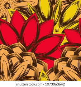 Seamless floral background. Tracery handmade nature ethnic fabric backdrop pattern with flowers. Textile design texture. Decorative color art. Vector