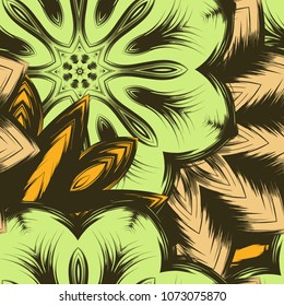 Seamless floral background. Tracery handmade nature ethnic fabric backdrop pattern with flowers. Textile design texture. Decorative color art. Vector