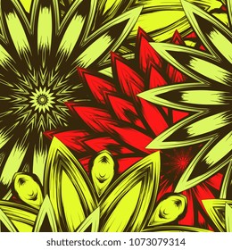 Seamless floral background. Tracery handmade nature ethnic fabric backdrop pattern with flowers. Textile design texture. Decorative color art. Vector