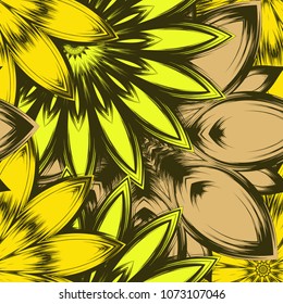 Seamless floral background. Tracery handmade nature ethnic fabric backdrop pattern with flowers. Textile design texture. Decorative color art. Vector
