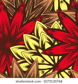 Seamless floral background. Tracery handmade nature ethnic fabric backdrop pattern with flowers. Textile design texture. Decorative color art. Vector