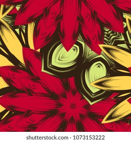 Seamless floral background. Tracery handmade nature ethnic fabric backdrop pattern with flowers. Textile design texture. Decorative color art. Vector