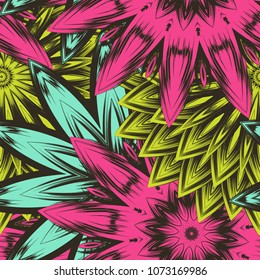 Seamless floral background. Tracery handmade nature ethnic fabric backdrop pattern with flowers. Textile design texture. Decorative color art. Vector