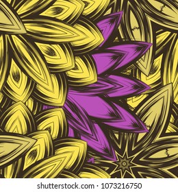 Seamless floral background. Tracery handmade nature ethnic fabric backdrop pattern with flowers. Textile design texture. Decorative color art. Vector