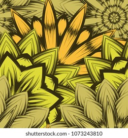 Seamless floral background. Tracery handmade nature ethnic fabric backdrop pattern with flowers. Textile design texture. Decorative color art. Vector