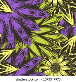 Seamless floral background. Tracery handmade nature ethnic fabric backdrop pattern with flowers. Textile design texture. Decorative color art. Vector