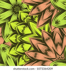 Seamless floral background. Tracery handmade nature ethnic fabric backdrop pattern with flowers. Textile design texture. Decorative color art. Vector