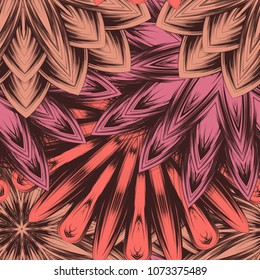 Seamless floral background. Tracery handmade nature ethnic fabric backdrop pattern with flowers. Textile design texture. Decorative color art. Vector