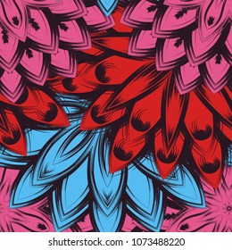 Seamless floral background. Tracery handmade nature ethnic fabric backdrop pattern with flowers. Textile design texture. Decorative color art. Vector
