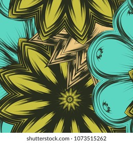 Seamless floral background. Tracery handmade nature ethnic fabric backdrop pattern with flowers. Textile design texture. Decorative color art. Vector