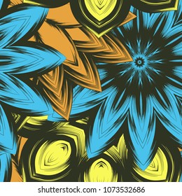 Seamless floral background. Tracery handmade nature ethnic fabric backdrop pattern with flowers. Textile design texture. Decorative color art. Vector
