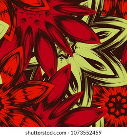 Seamless floral background. Tracery handmade nature ethnic fabric backdrop pattern with flowers. Textile design texture. Decorative color art. Vector