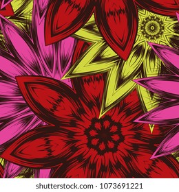 Seamless floral background. Tracery handmade nature ethnic fabric backdrop pattern with flowers. Textile design texture. Decorative color art. Vector