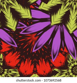 Seamless floral background. Tracery handmade nature ethnic fabric backdrop pattern with flowers. Textile design texture. Decorative color art. Vector