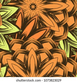 Seamless floral background. Tracery handmade nature ethnic fabric backdrop pattern with flowers. Textile design texture. Decorative color art. Vector