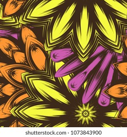 Seamless floral background. Tracery handmade nature ethnic fabric backdrop pattern with flowers. Textile design texture. Decorative color art. Vector