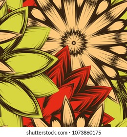 Seamless floral background. Tracery handmade nature ethnic fabric backdrop pattern with flowers. Textile design texture. Decorative color art. Vector