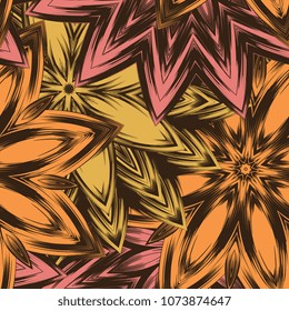 Seamless floral background. Tracery handmade nature ethnic fabric backdrop pattern with flowers. Textile design texture. Decorative color art. Vector