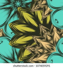 Seamless floral background. Tracery handmade nature ethnic fabric backdrop pattern with flowers. Textile design texture. Decorative color art. Vector