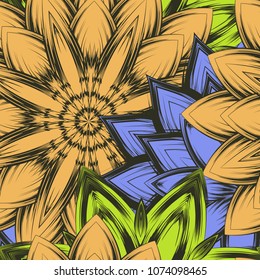 Seamless floral background. Tracery handmade nature ethnic fabric backdrop pattern with flowers. Textile design texture. Decorative color art. Vector