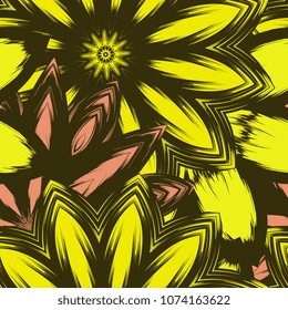 Seamless floral background. Tracery handmade nature ethnic fabric backdrop pattern with flowers. Textile design texture. Decorative color art. Vector