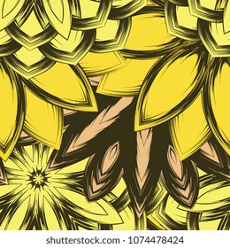 Seamless floral background. Tracery handmade nature ethnic fabric backdrop pattern with flowers. Textile design texture. Decorative color art. Vector