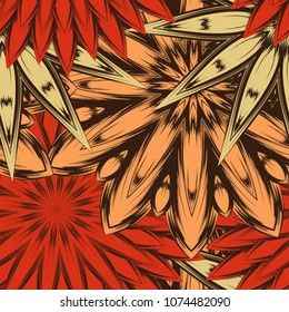 Seamless floral background. Tracery handmade nature ethnic fabric backdrop pattern with flowers. Textile design texture. Decorative color art. Vector