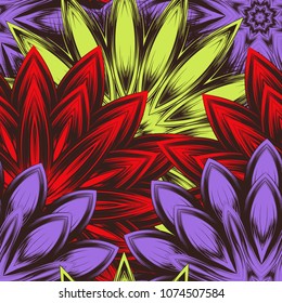 Seamless floral background. Tracery handmade nature ethnic fabric backdrop pattern with flowers. Textile design texture. Decorative color art. Vector