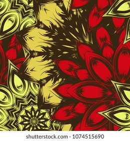 Seamless floral background. Tracery handmade nature ethnic fabric backdrop pattern with flowers. Textile design texture. Decorative color art. Vector