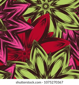 Seamless floral background. Tracery handmade nature ethnic fabric backdrop pattern with flowers. Textile design texture. Decorative color art. Vector