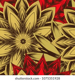 Seamless floral background. Tracery handmade nature ethnic fabric backdrop pattern with flowers. Textile design texture. Decorative color art. Vector
