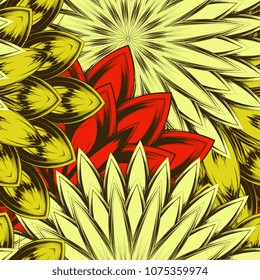 Seamless floral background. Tracery handmade nature ethnic fabric backdrop pattern with flowers. Textile design texture. Decorative color art. Vector