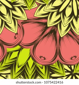 Seamless floral background. Tracery handmade nature ethnic fabric backdrop pattern with flowers. Textile design texture. Decorative color art. Vector